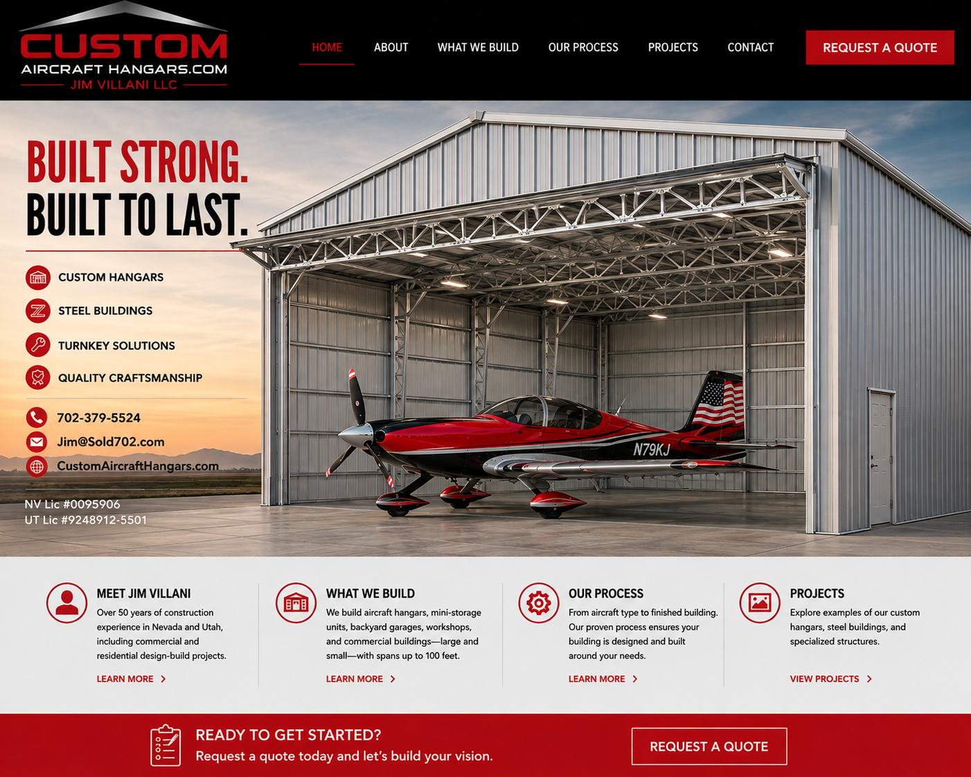 CustomAircraftHangars.com homepage with red, black and silver RV-10 aircraft, registration N79KJ, and American flag on the tail